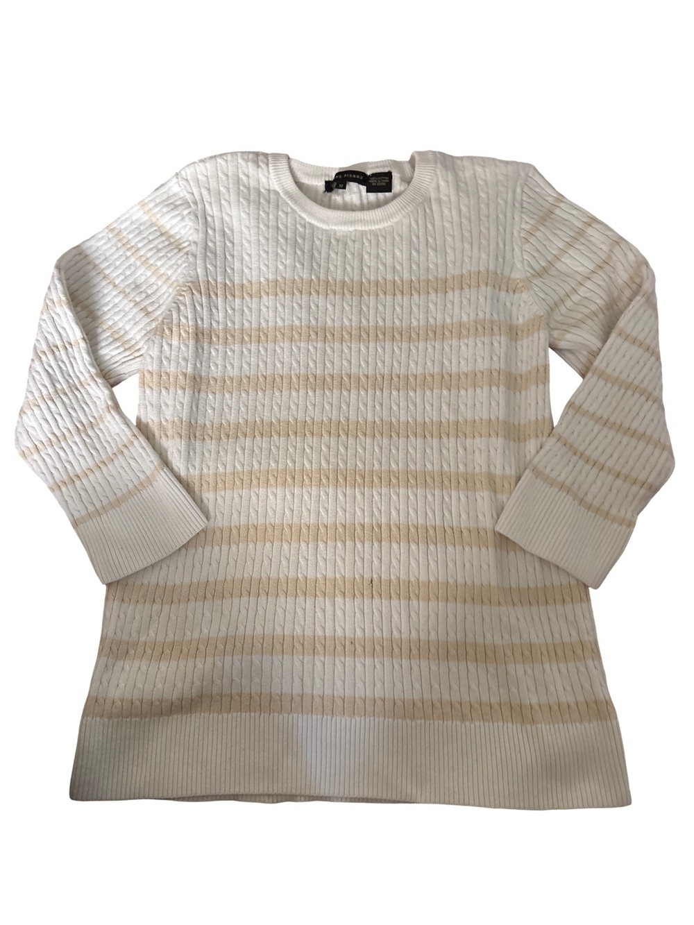 JEANNE PIERRE Cream and White Striped Cable Knit Sweater